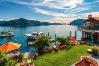 Gyönyörű balatoni nyaraló a vízparton, hajókkal és napernyővel