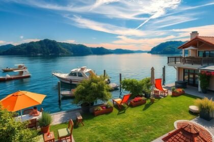 Gyönyörű balatoni nyaraló a vízparton, hajókkal és napernyővel