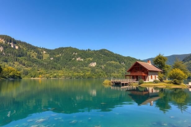 Gyönyörű táj a Plitvicei-tavaknál, vízparti ház.