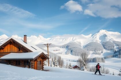 Síelő az erdélyi hegyek között, tradicionális faház háttérben.