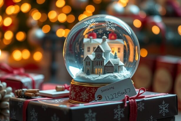 Hógömb karácsonyi dekorációval, ajándékcsomagok mellett.