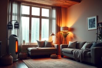 Modern hősugárzó egy otthoni nappaliban, meleg fényekkel