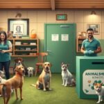 Jótékony célú állatmenhely önkéntesei és kutyák