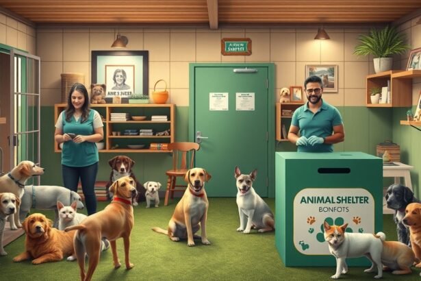 Jótékony célú állatmenhely önkéntesei és kutyák