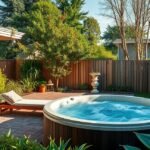 Gyönyörű jakuzzi egy kerti teraszon, zöld növények között.