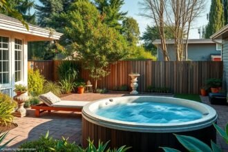 Gyönyörű jakuzzi egy kerti teraszon, zöld növények között.