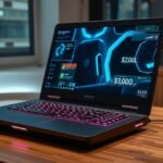 Gamer laptop asztalon, árak és specifikációk a képernyőn.