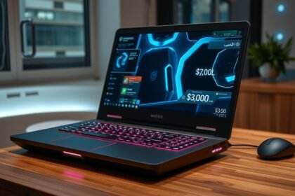 Gamer laptop asztalon, árak és specifikációk a képernyőn.