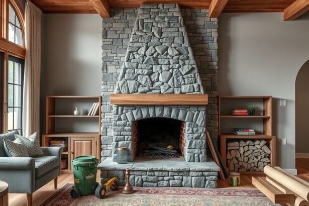 Elegáns kő kandalló egy modern nappaliban, fűtési megoldás.