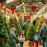 Karácsonyi vásár, díszített fenyők és vásárlók az ünnepi hangulatban.