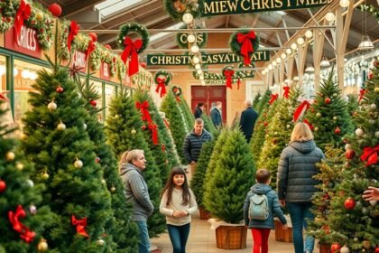 Karácsonyi vásár, díszített fenyők és vásárlók az ünnepi hangulatban.
