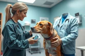 Állatmentés és chip leolvasás egy kutyával orvosi rendelőben.
