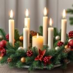 Karácsonyi adventi koszorú gyertyákkal és díszítéssel