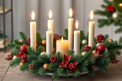 Karácsonyi adventi koszorú gyertyákkal és díszítéssel