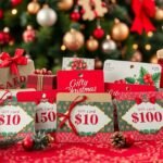 Karácsonyi ajándékkártyák karácsonyi ajándékokkal és díszítéssel.