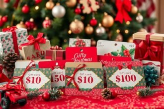 Karácsonyi ajándékkártyák karácsonyi ajándékokkal és díszítéssel.