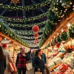 Karácsonyi bevásárlás a díszített piacon, ajándékokkal teli standokkal.