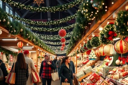 Karácsonyi bevásárlás a díszített piacon, ajándékokkal teli standokkal.