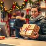 Nő ajándékcsomaggal karácsonyi időszakban, postánál