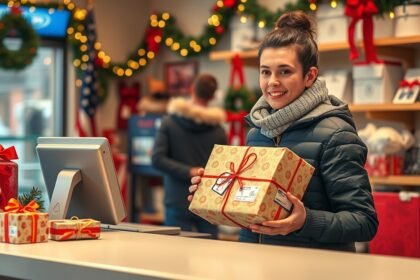 Nő ajándékcsomaggal karácsonyi időszakban, postánál