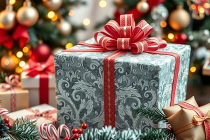 Karácsonyi díszcsomagolt ajándék szép dekorációval.