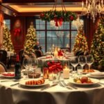 Elegáns karácsonyi ebéd étteremben, ünnepi dekorációval.