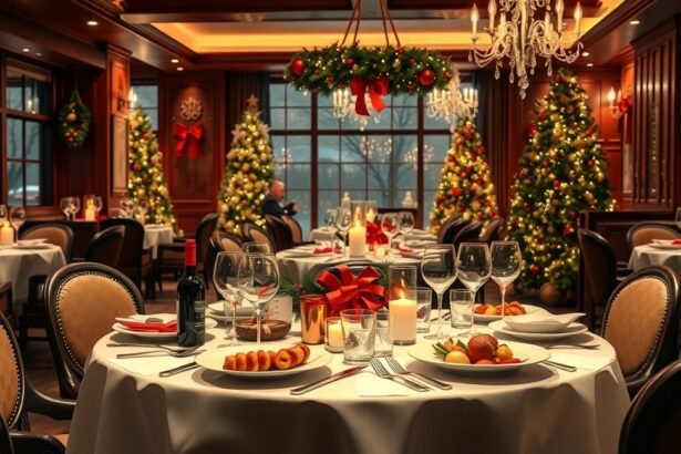 Elegáns karácsonyi ebéd étteremben, ünnepi dekorációval.