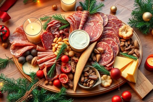 Karácsonyi hidegtál finom ételekkel és díszítéssel