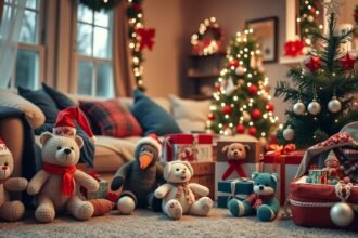 Karácsonyi játékok és ajándékok a karácsonyi teremben