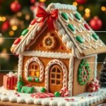 Karácsonyi mézeskalácsház, díszítve színes cukorkákkal.