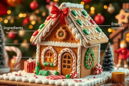 Karácsonyi mézeskalácsház, díszítve színes cukorkákkal.