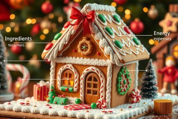 Karácsonyi mézeskalácsház, díszítve színes cukorkákkal.