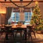 Karácsonyi parti dekorált étkező otthon, ünnepi hangulatban