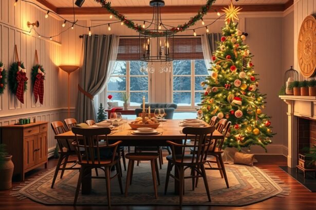 Karácsonyi parti dekorált étkező otthon, ünnepi hangulatban