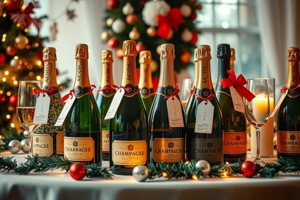 Karácsonyi pezsgők és poharak ünnepi asztalon