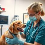 Állatorvos vizsgálat során egy kutyával az állatorvosi rendelőben