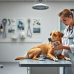 Állatorvos és kutya vizsgálat közben egy rendelőben.