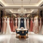 Szép alkalmi ruhák bérléshez egy elegáns boltban.