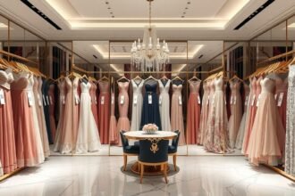 Szép alkalmi ruhák bérléshez egy elegáns boltban.