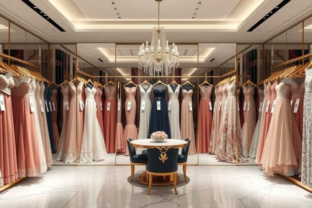 Szép alkalmi ruhák bérléshez egy elegáns boltban.