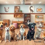 Különböző kutyák egy állatpanzióban, barátságos és vidám légkörben.