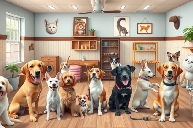 Különböző kutyák egy állatpanzióban, barátságos és vidám légkörben.