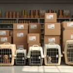 Állatszállító boxok különböző méretekben és típusokban egy boltban.