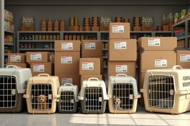 Állatszállító boxok különböző méretekben és típusokban egy boltban.