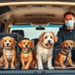 Állatszállító szolgáltatás kutyákkal egy autó hátuljában.