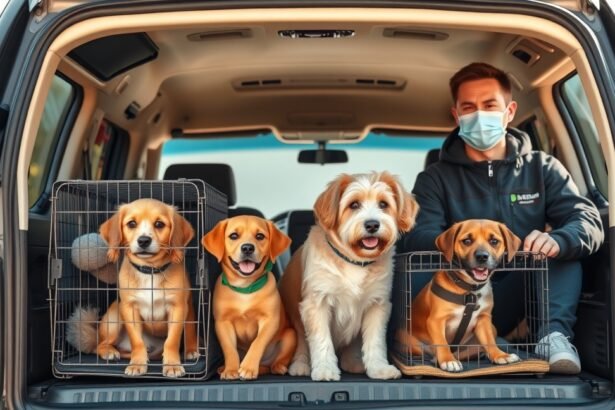 Állatszállító szolgáltatás kutyákkal egy autó hátuljában.