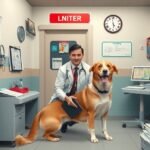 Állatorvos kutyával az állatorvosi rendelőben Magyarországon.