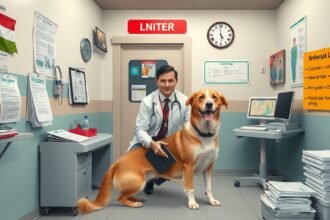Állatorvos kutyával az állatorvosi rendelőben Magyarországon.
