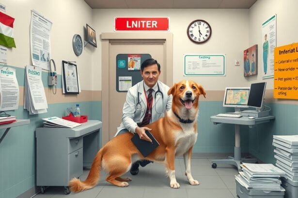 Állatorvos kutyával az állatorvosi rendelőben Magyarországon.