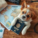 Kiskutya állatútlevéllel utazás előtt, térképpel és jegyekkel.